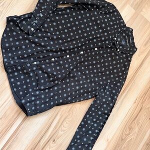 American Eagle Outfitters Black Button-Up Shirt with Blue & White Motif